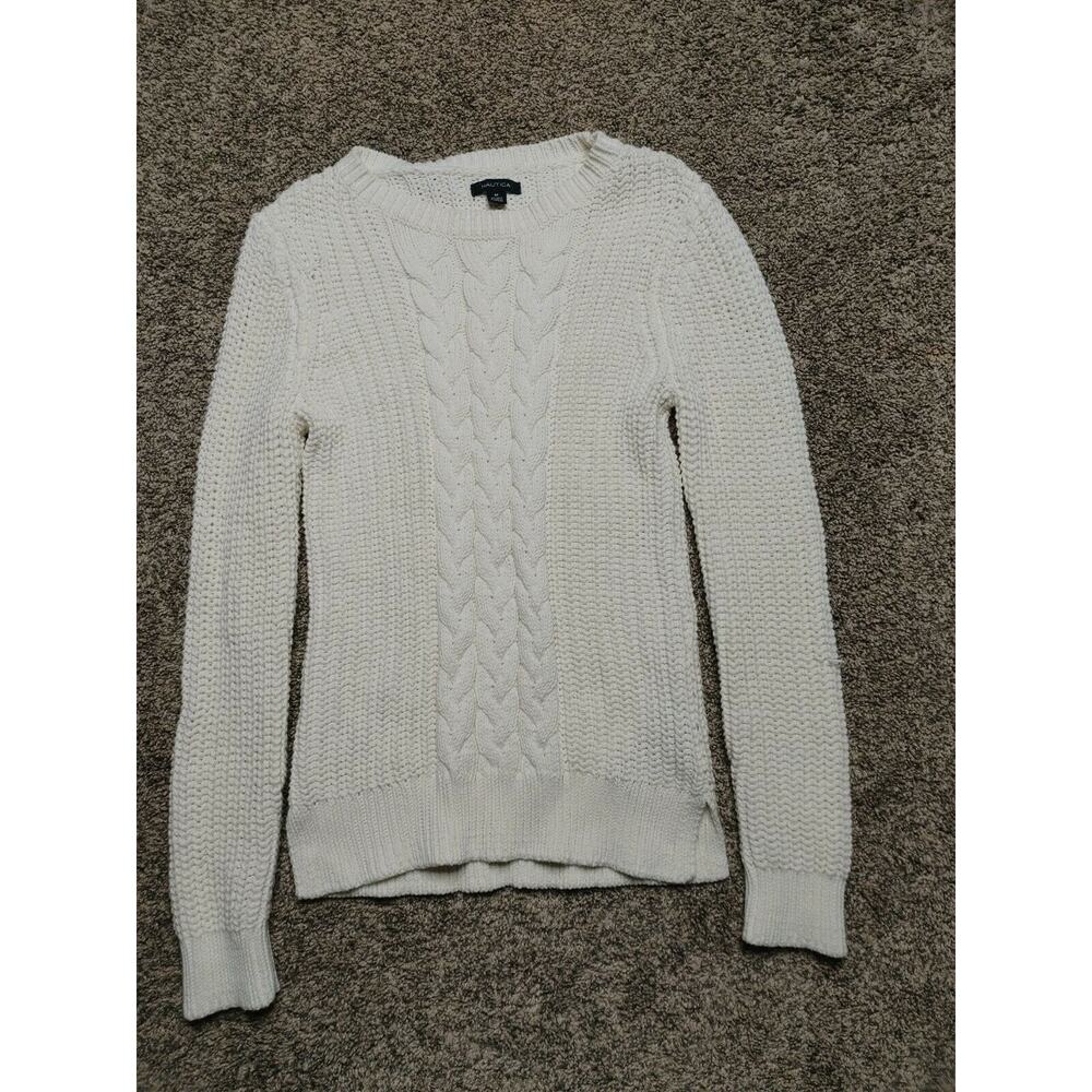 Nautica Womens Size Medium Cable Knit Sweater Cream Off White Long Sleeve